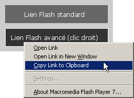 Capture d'écran d'un menu contextuel d'un fichier flash permettant d'ouvrir les liens dans une nouvelle fenêtre ou copier l'url du lien Capture d'écran d'un menu contextuel d'un fichier flash permettant d'ouvrir les liens dans une nouvelle fenêtre ou copier l'url du lien